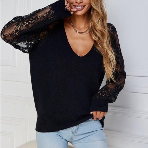 Boho Floral Sheer Mesh Lace Sleeve Plunge V neck Top Sweater - Picture 10 of 12